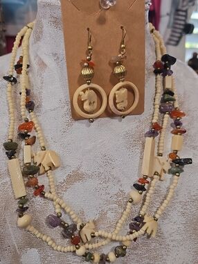 Tribal Hand carved And Natutal Stone Elephant 22" necklace  and earrings